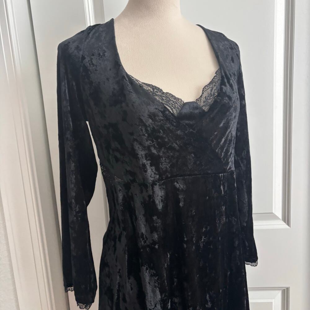 Free People Kat Black Crushed Velvet & Lace Mini Dress XL Whimsygoth Witchy - Picture 3 of 15